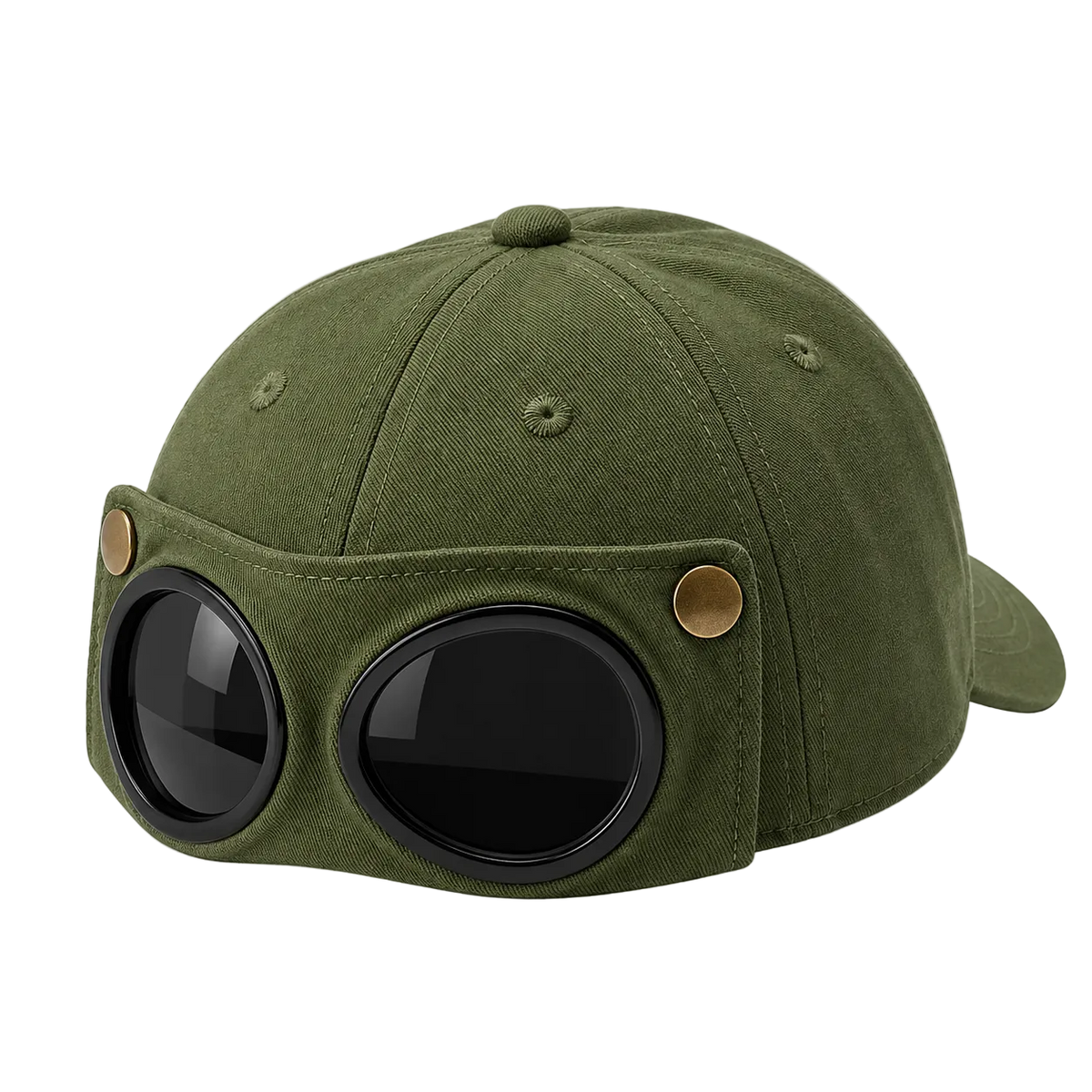 An olive green baseball cap styled with a vintage aviator helmet front, featuring two large round black goggles with black rims and brass-tone rivets on the side, shown on a transparent checkered background.