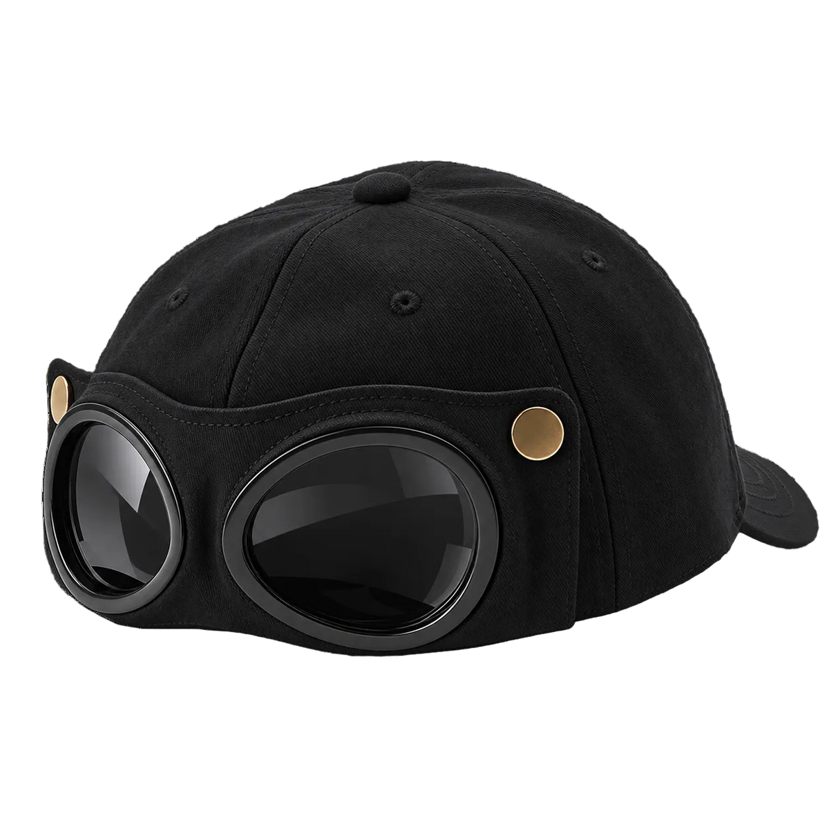 A black baseball cap with a large aviator-style visor featuring oversized dark lenses and two small gold-tone rivet accents on the sides, shown on a plain white background.